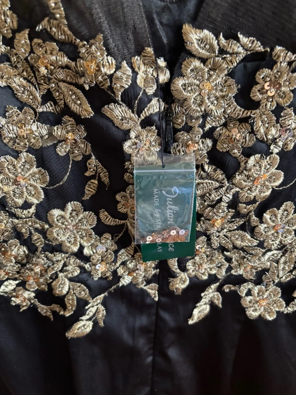 Black Long-Sleeve Embroidered Cocktail Dress with Gold Appliqué